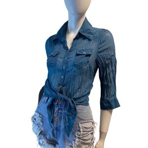 Vintage Y2K Teal Green Fairycore Sheer button-up shirt with a tie front Sz S